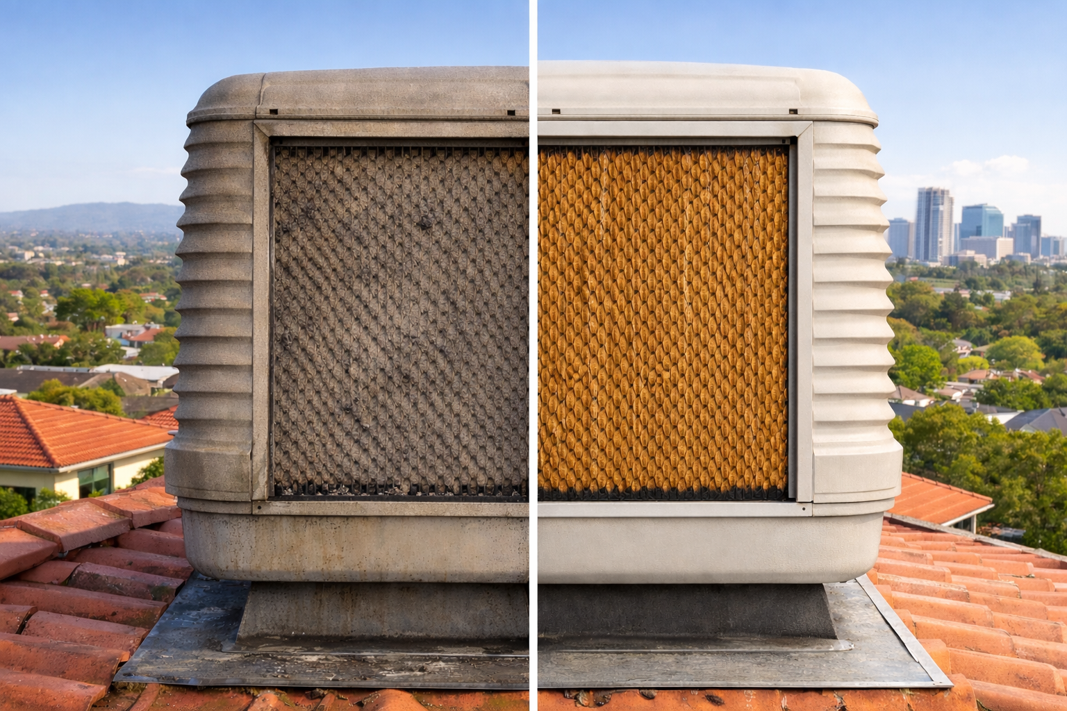 An image showing a half dirty and half clean evaporative cooler